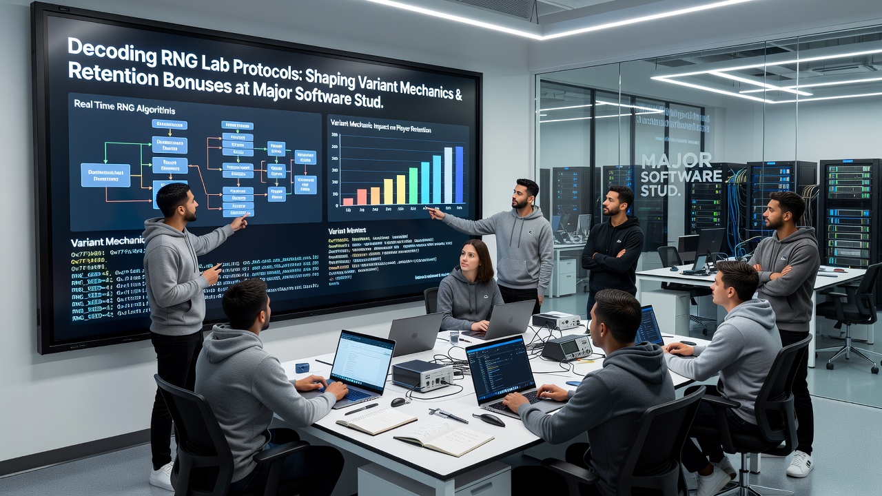 Software engineers reviewing RNG variant mechanics and bonus trigger data in a studio environment