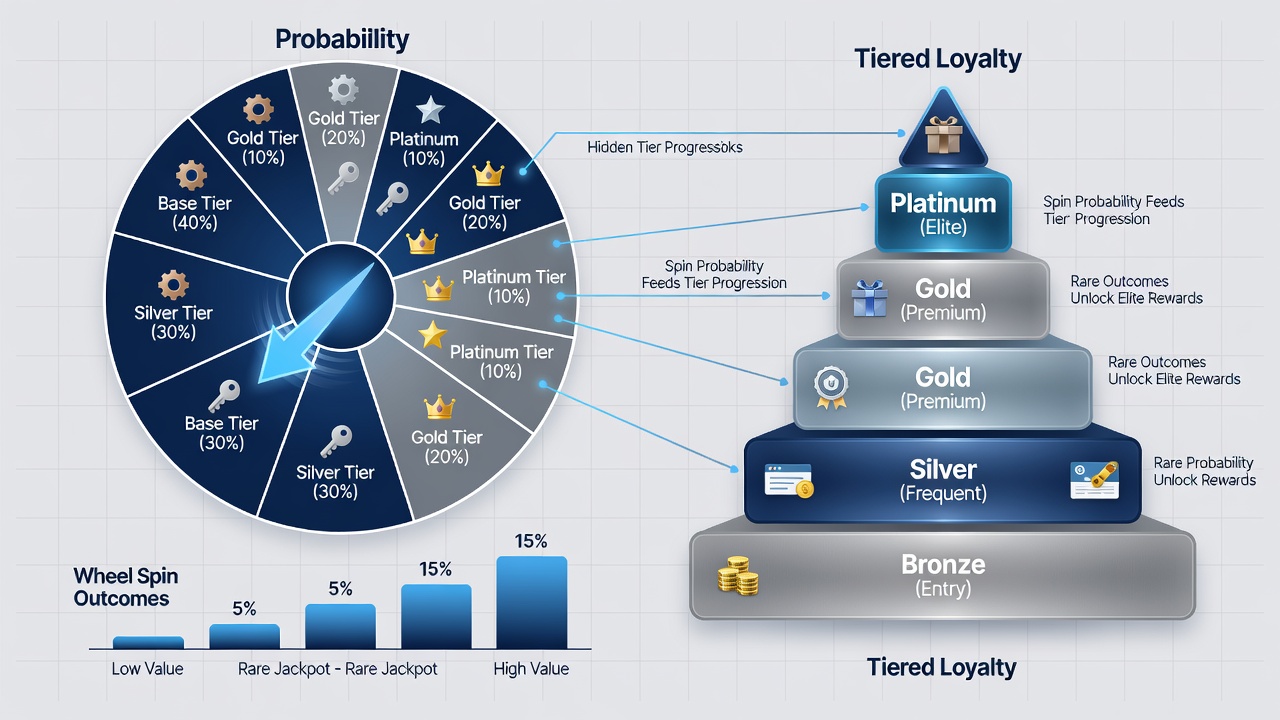 Analytics dashboard displaying correlations between wheel section probabilities and loyalty tier progression metrics on a licensed digital platform